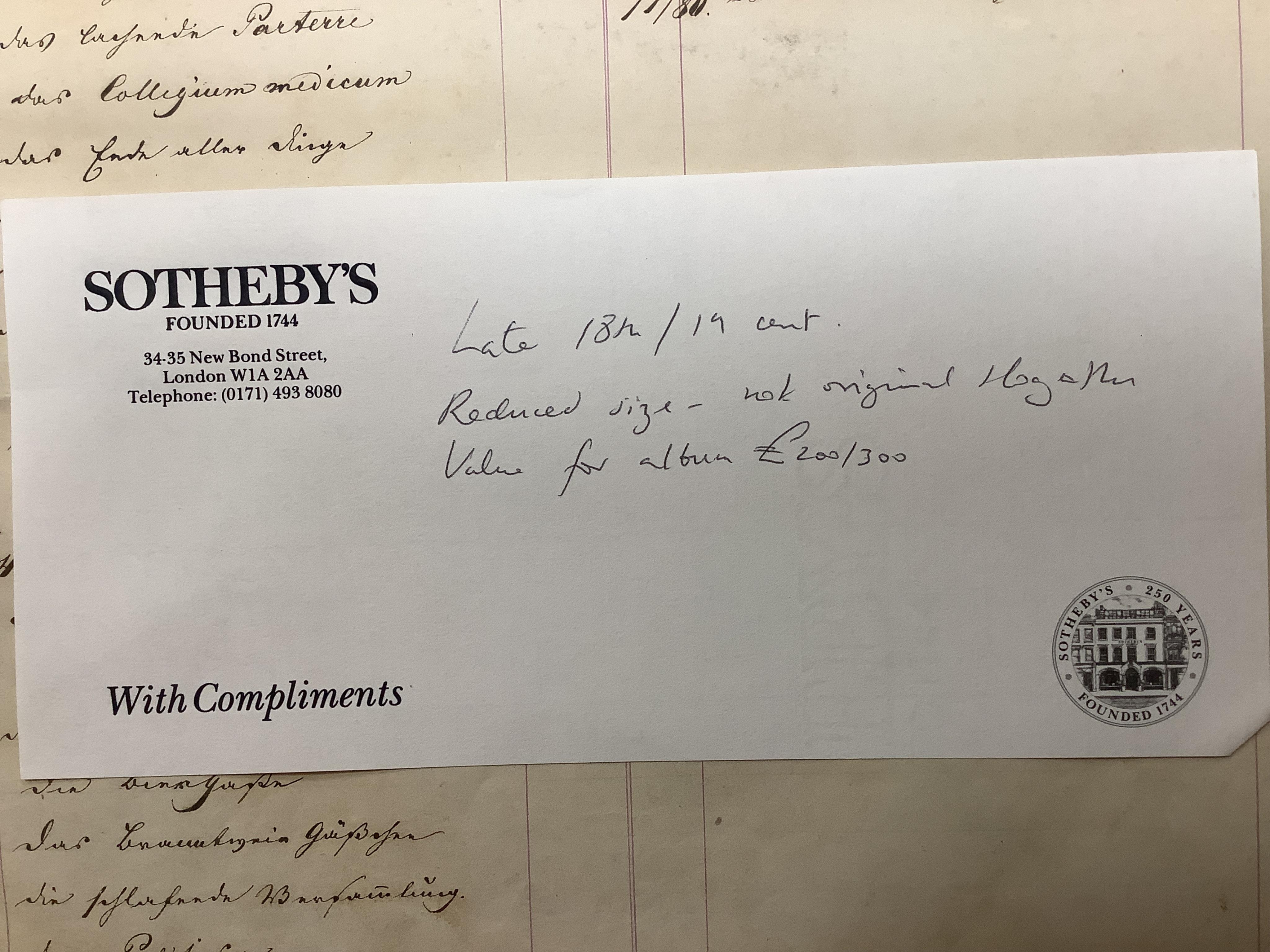 An album of 18th century and later etchings after William Hogarth (1697-1764), to include 'The Reward of Cruelty', 'Strolling Actresses Dressing in a Barn' and 'The Company of Undertakers', with handwritten ink itinerary